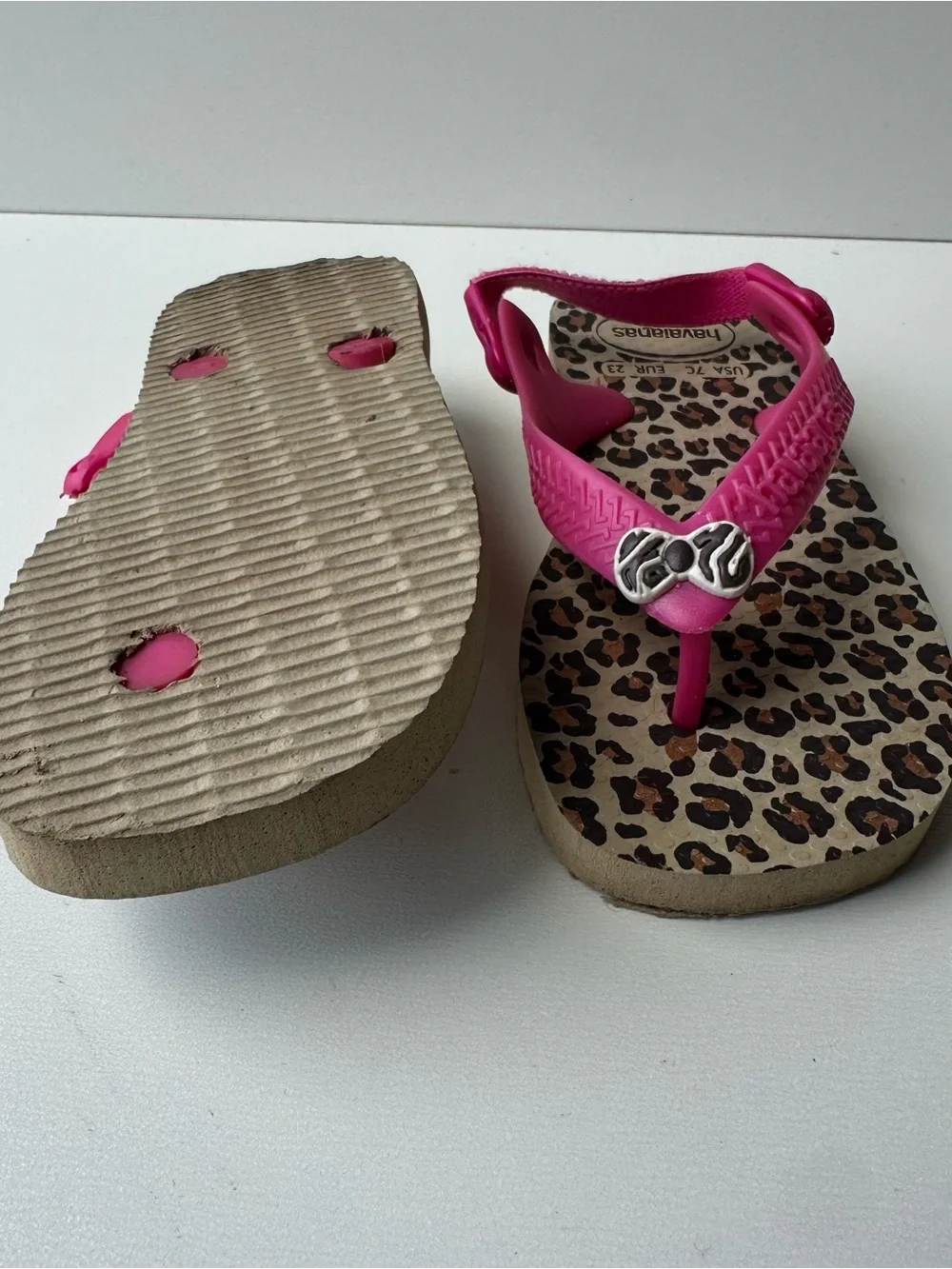 Havaianas Baby Girl Leopard Print Flip Flop Sandals Pink Bow Backstrap USA 7C